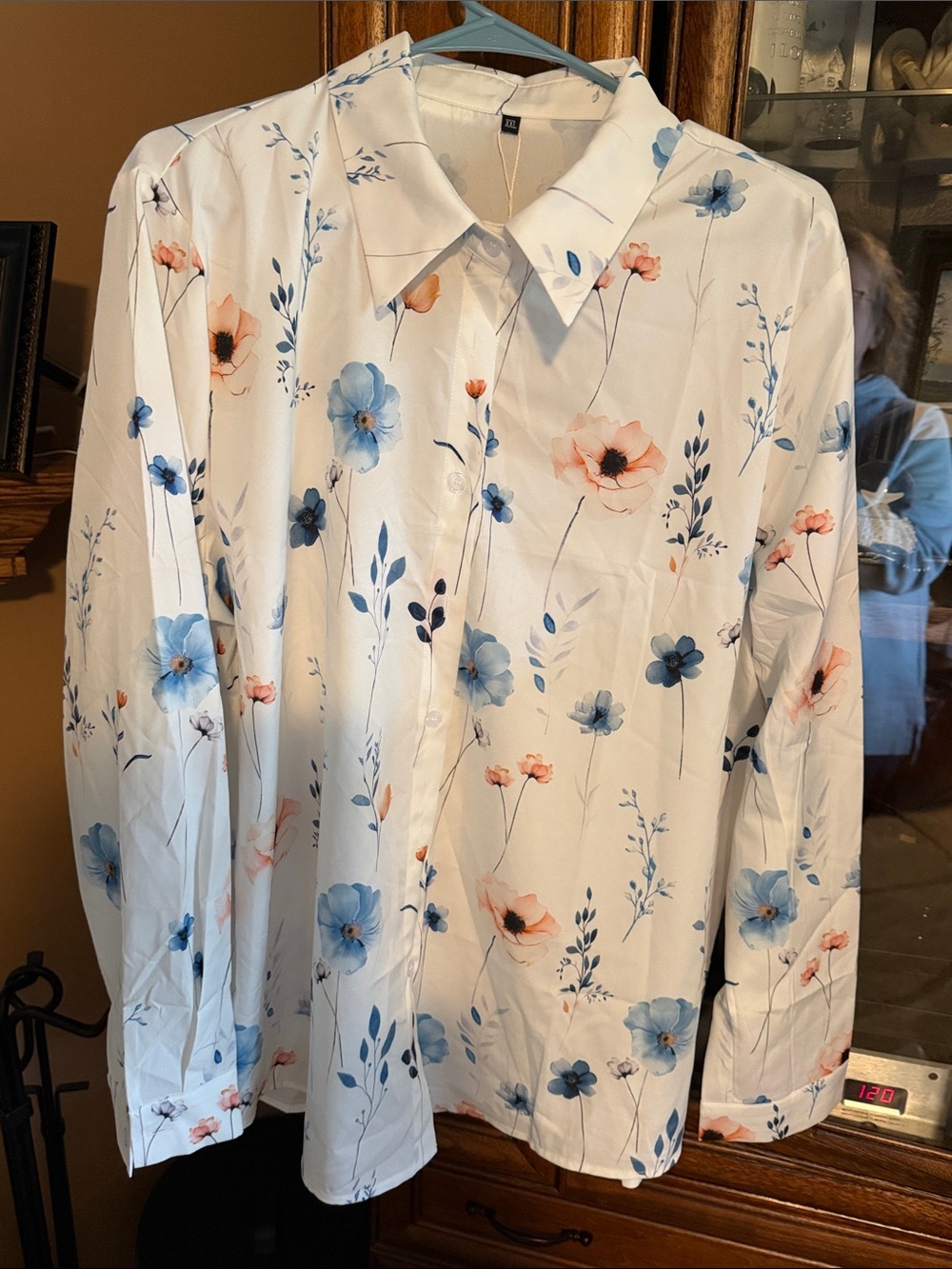Women’s White Floral Button-Up Shirt with Blue & Peach Blooms
